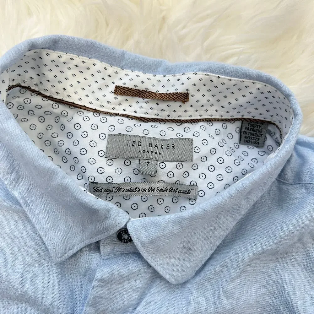 TED BAKER Button Down Shirt Mens Size 3XL Linen Blend Blue Wedding Guest Party - Picture 6 of 7